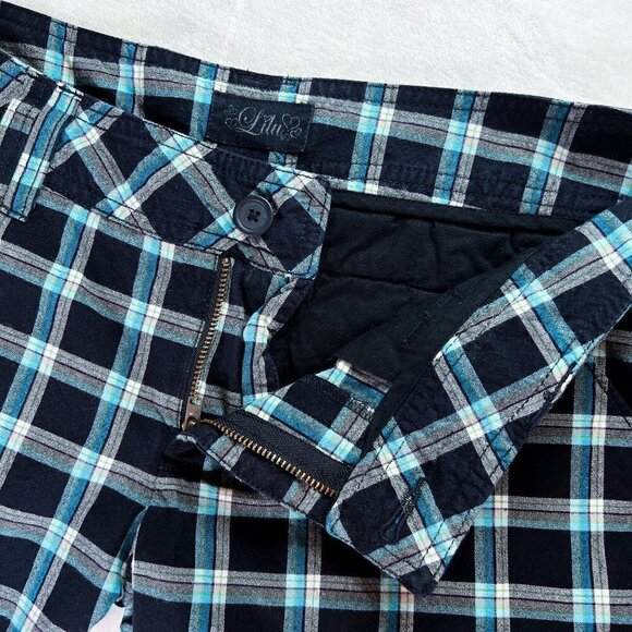 Lilu Bermuda Shorts | Black, Teal & White Plaid | Size 5 | Cotton | Y2K | Women - Picture 9 of 13